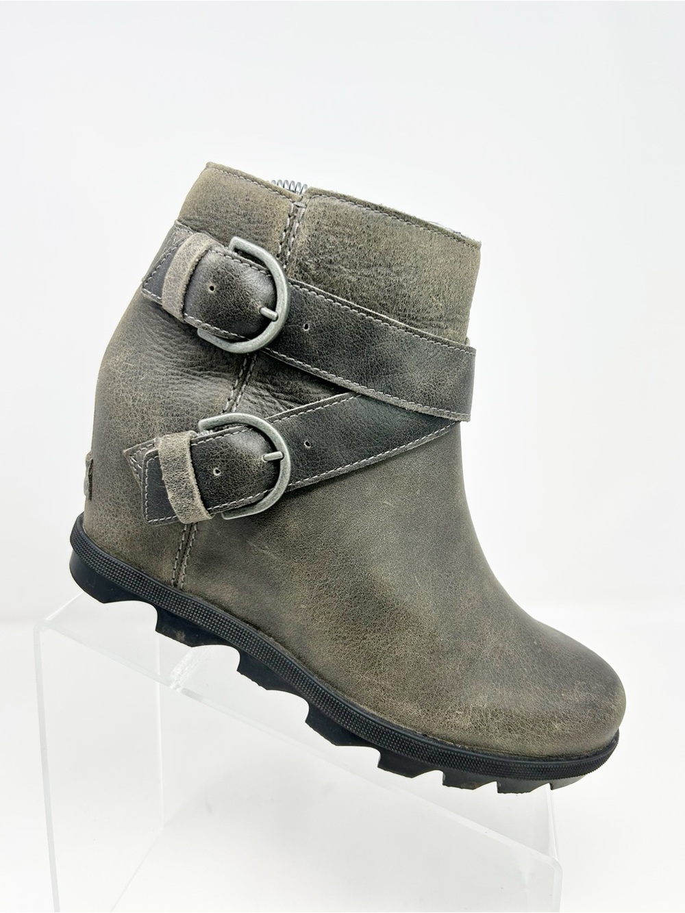 Sorel Joan of Arctic Wedge II Buckle Ankle Boots Womens Gray Side Zip Size 8